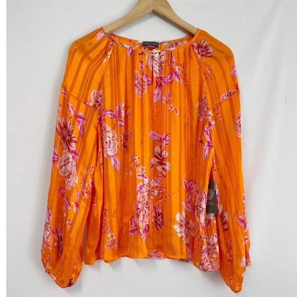 Vince Camuto Womens Rio Gardens Floral Keyhole Neck Sheer Top Sunset Orange - Picture 3 of 8